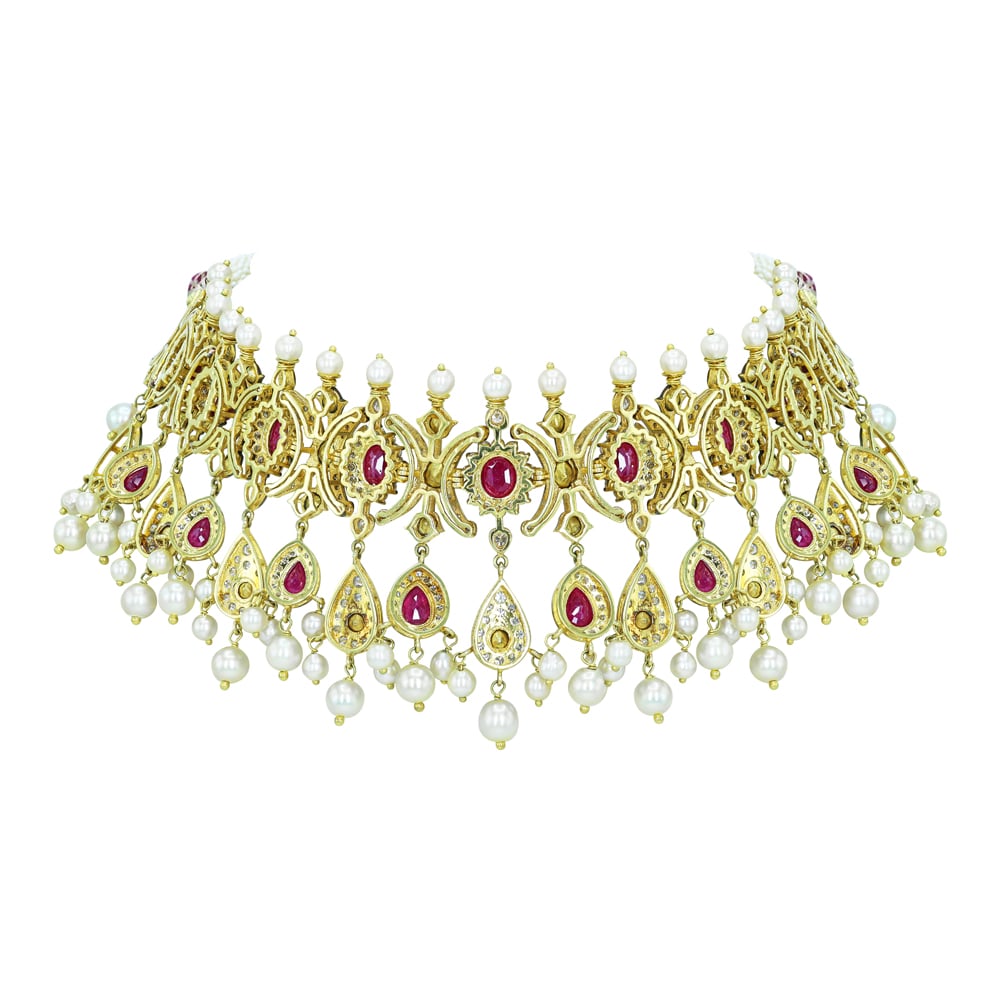 Antique-Finish Choker with Ruby, Diamonds, Polki Clusters, and Pearl Drops